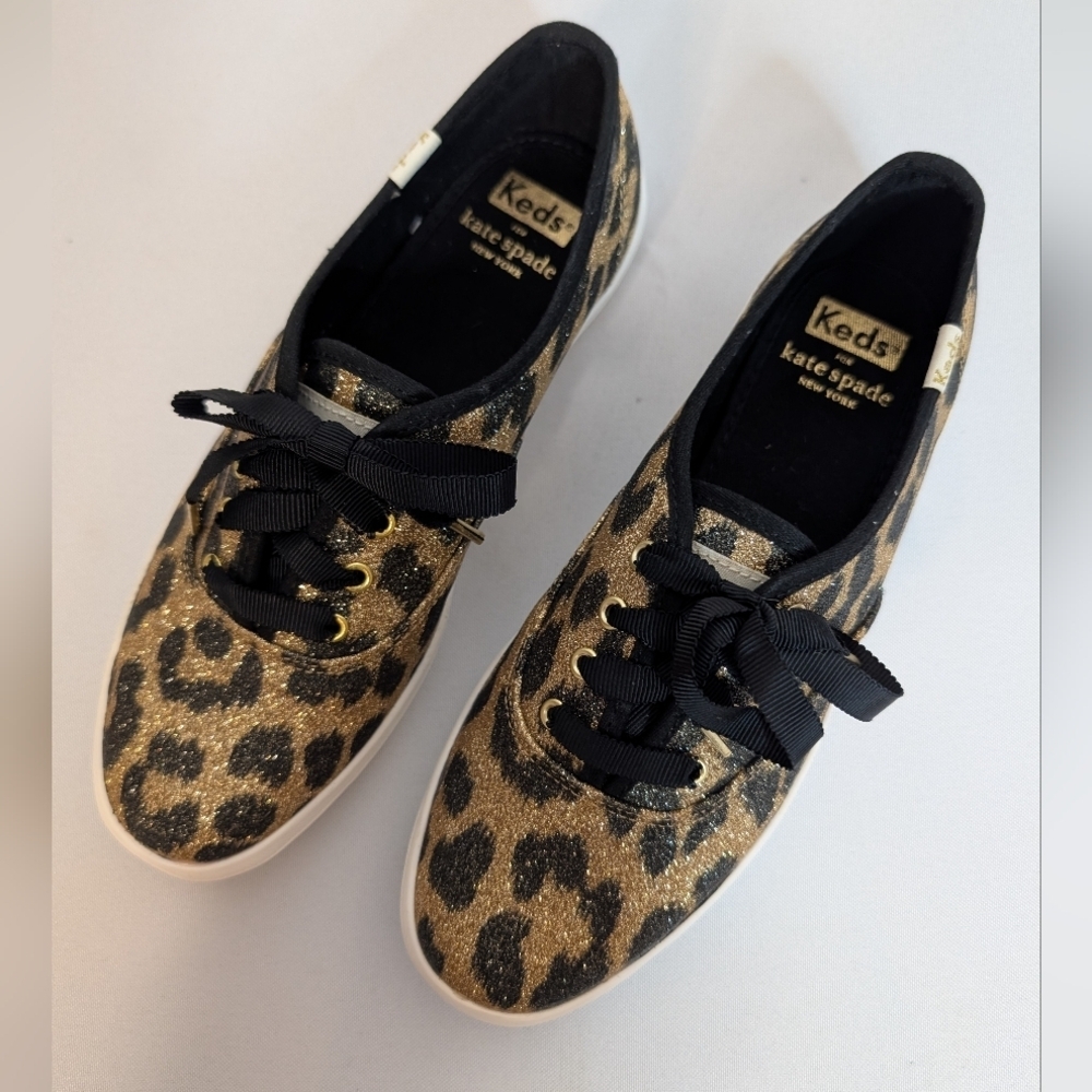 Keds x Kate Spade Glitter Leopard Sneakers Gold Black Ribbon Laces Size 6 EUC - Picture 4 of 14